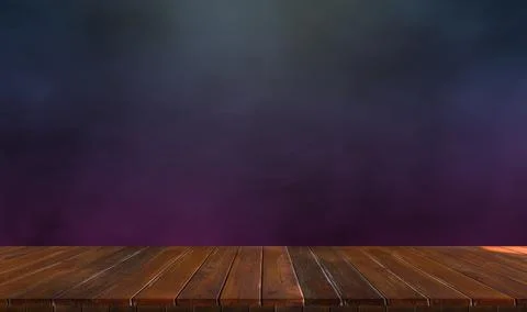 Lonely empty wooden table on dark and smoky background Illustrazione stock