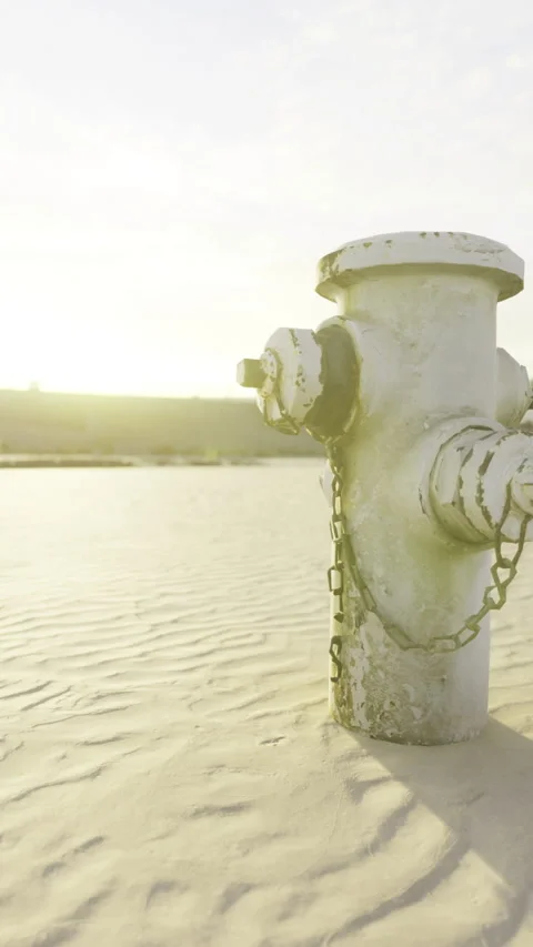 Lonely fire hydrant standing tall against the sandy beach at sunset Stock Footage 329172610
