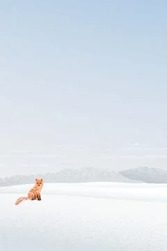 Lonely fox in snowscape with mountain ranges behind graphic illustration. M.. Stock Illustration