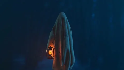 A lonely ghost with a glowing lantern 3D 4K animation Stock Footage 217384366