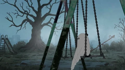 Lonely Ghost Sitting on a Swing in a Forgotten Playground. Lofi Halloween Stock Footage 318152543