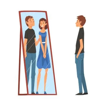 Lonely Guy Standing in Front of Mirror Looking at His Reflection and Imagine Stock Illustration