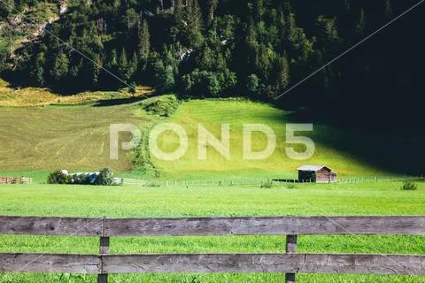 A lonely house in a green meadow Stock Photos