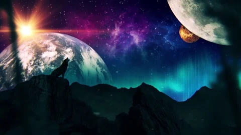 Lonely Howling Wolf Stranded on a Meteor in Space Motion Background Stock Footage 143121688