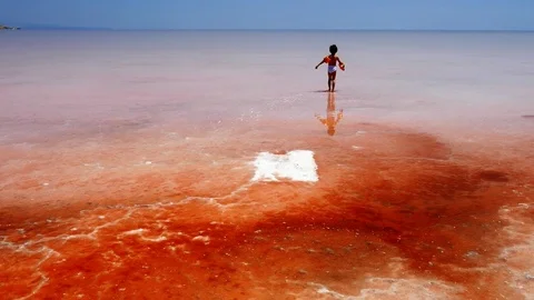 Lonely kid walking away in red pink salty sea water in surrealistic atmosphere Stock Footage 70355482