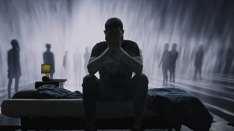 Lonely Man On Bed Surrounded By Ghostly Figures Depression Anxiety Mental Health Video stock 288880093