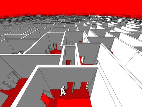 Lonely man  in endless cubical labyrinth Stock Illustration