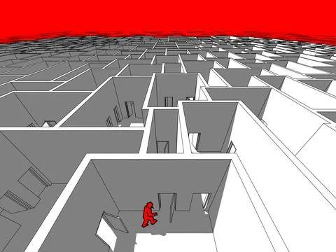 Lonely man  in endless cubical labyrinth Stock Illustration