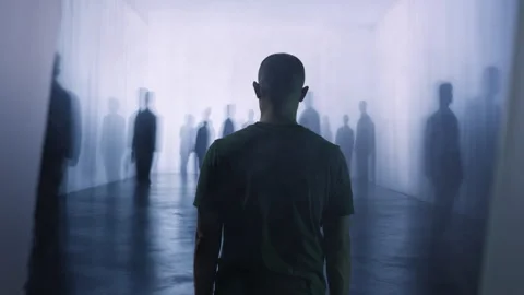 Lonely Man Faces Mysterious Shadow Figures In Foggy Corridor Paranormal Dark 스톡 동영상 288875559