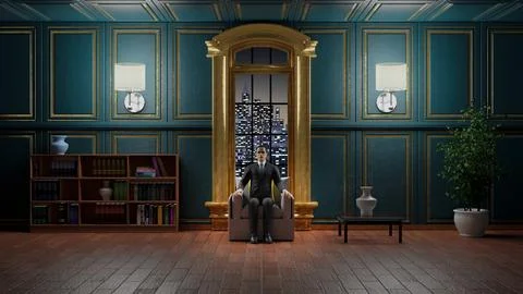 Lonely man in front of window in ancient room. Night interior. 스톡 일러스트