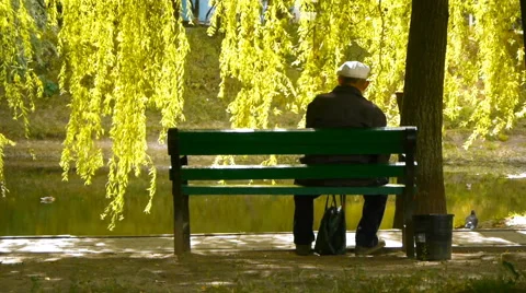 Lonely man (grandfather) is sitting on a bench on the shore of the pond Stock Footage