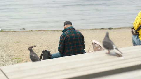 A lonely man sits on a bench by the sea. Loneliness and psychology. 動画素材 344465490