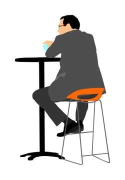 Lonely man sitting drinking and waiting in public bar vector illustration. Stock Illustration
