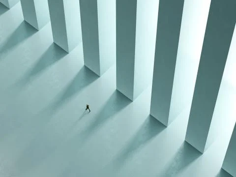 A lonely man walk the corridor with columns to the light 3D rendering Stock Illustration