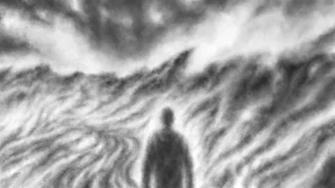 Lonely man walking down the road to nowhere. Dark silhouette scary illustrati Stock Illustration