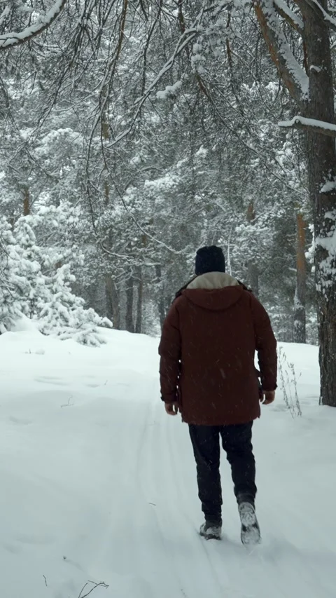 A lonely man walks through a winter forest during a snowfall. People in winter. Stock Footage 329923517