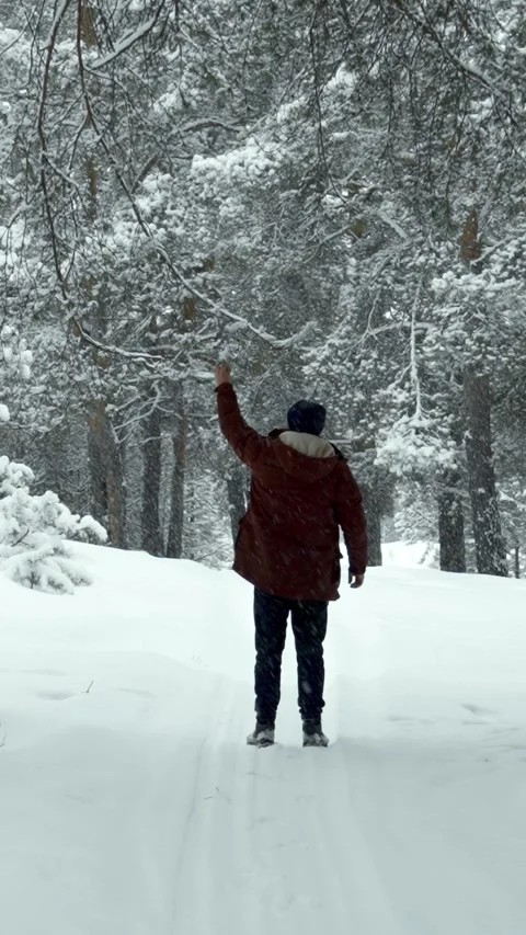 A lonely man walks through a winter forest during a snowfall. People in winter. Stock Footage 329923524