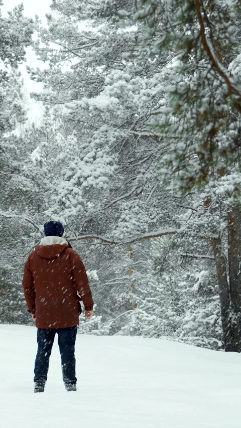 A lonely man walks through a winter forest during a snowfall. People in winter. Stock Footage 329923795