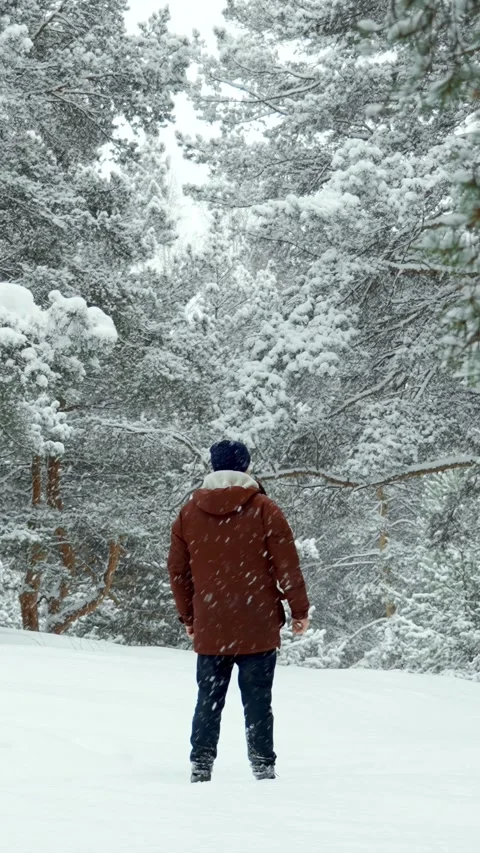 A lonely man walks through a winter forest during a snowfall. People in winter. Stock Footage 329923797