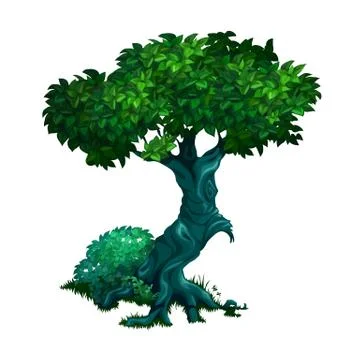 Lonely old deciduous tree isolated on white background. Vector cartoon close- Stock Illustration