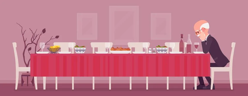 Lonely old man sitting at table served for festive dinner Stock Illustration