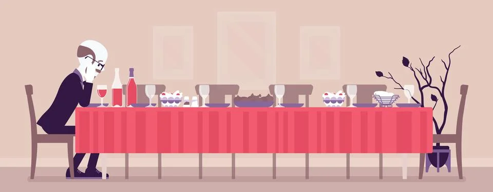 Lonely old man sitting at table served for festive dinner Stock Illustration