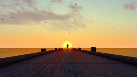 Lonely old man standing on the pier watching the sunset Stock Footage 288085876