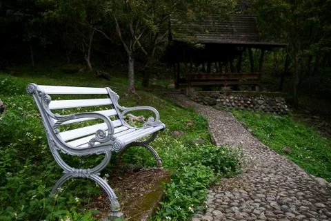Lonely pathway with a bench Stock Photos