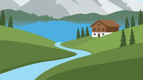 Lonely River Through Alpine Calm Flat Design Stock Illustration
