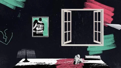 Lonely Room with Rainy Open Window, Lamp and Framed Couple Stock Illustration