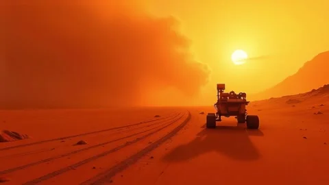 Lonely Rover Traverses the Rugged Mars Terrain - AI Generated Stock Footage 311174077