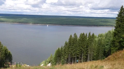 Lonely sailboat on the river Stock Footage 81014520