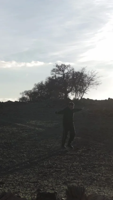 Lonely Silhouette Walking Through Misty Golden Field at Dusk Stock Footage 332776162