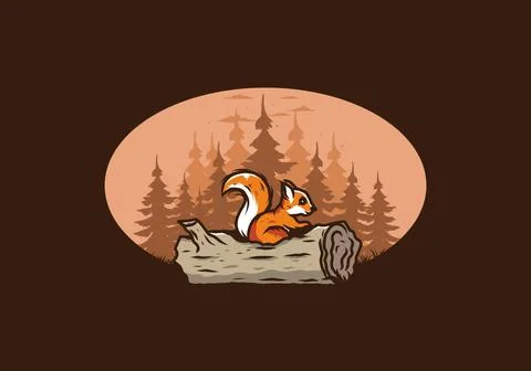 Lonely squirrel hiding in a dead tree trunk illustration Illustrazione stock