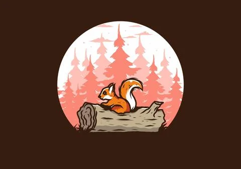 Lonely squirrel hiding in a dead tree trunk illustration Illustrazione stock