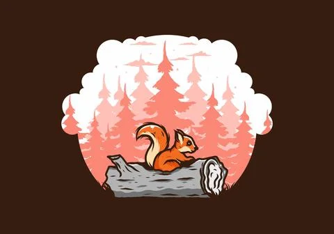 Lonely squirrel hiding in a dead tree trunk illustration 스톡 일러스트