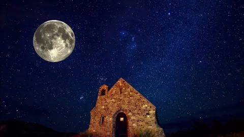 A Lonely Stone House with Moon Orbiting above Stock Footage 113271700