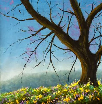 Lonely sunny landscape tree without foliage on a background of blue sky and m Ilustração Stock