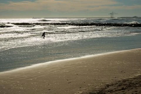 Lonely surfer with a board 스톡 사진