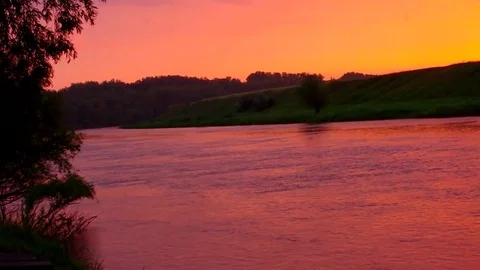 	A lonely tree above the river. Bright sunset. Stock Footage 79980973