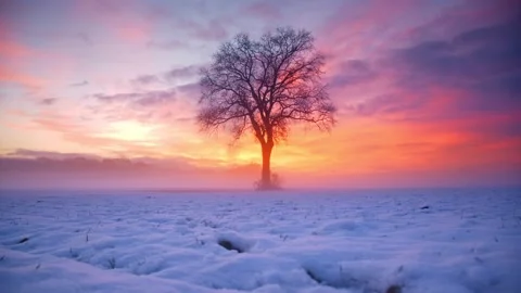Lonely Tree In Clear Flat Snow Field at sunset , Slovenia Stock Footage 144783536