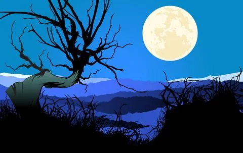 Lonely tree on moonlight night. Landscape with full moon in starry sky Stockillustratie