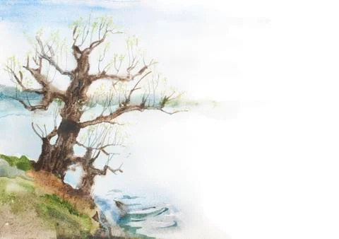 Lonely tree on the river hand drawn abstract blue watercolor on white backgro Stock Illustration