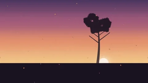 Lonely tree silhouette at sunset with falling leaves. 2d animation Stock Footage 343729805
