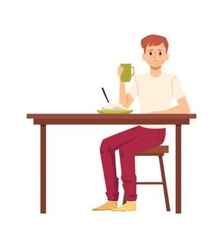 Lonely upset man having his dinner alone, flat vector illustration isolated. Stock Illustration