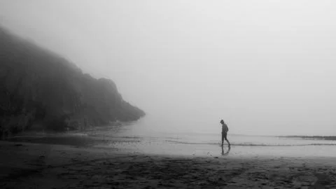 Lonely walk on the beach on a foggy day Stock Photos
