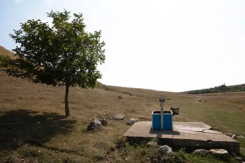 Lonely well and tree. Stock Photos