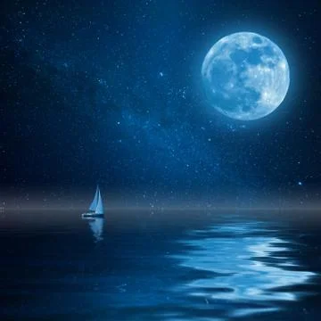 Lonely yacht in ocean with Moon and Stars Stock Photos