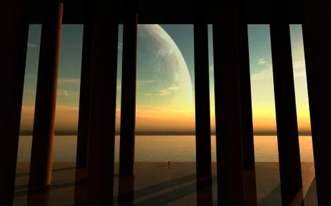 A lonesome explorer stands on the edge of an ocean looking at a giant moon in Stock Illustration