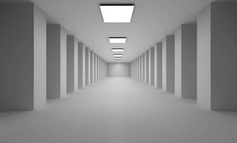Long 3D passage with flat white lights  on ceiling Stock Illustration